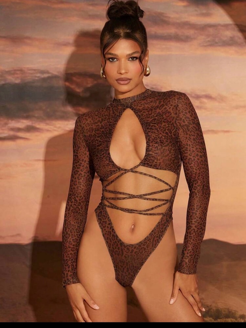 SHEIN Brown Leopard Print Cutout Lace-Up Long Sleeve Bodysuit